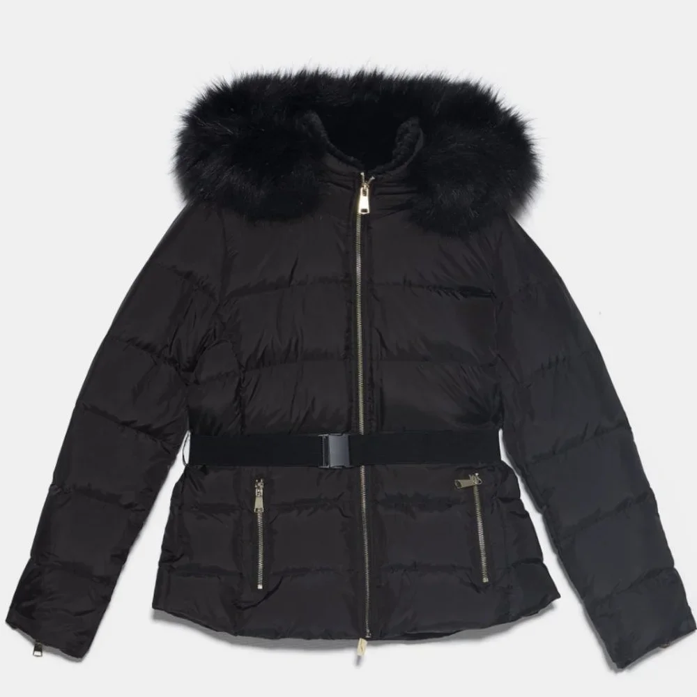 ZARA WOMAN BLACK DUCK DOWN FEATHER HOODED QUILTED BELTED PUFFER JACKET